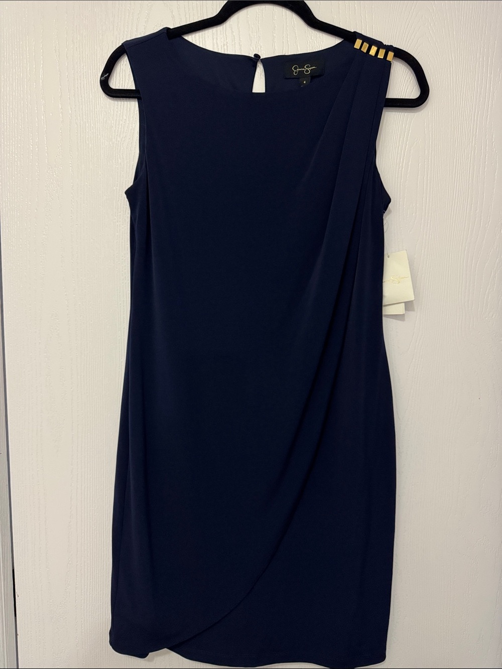 Jessica Simpson Navy One-Shoulder Sheath Dress with Gold Accents